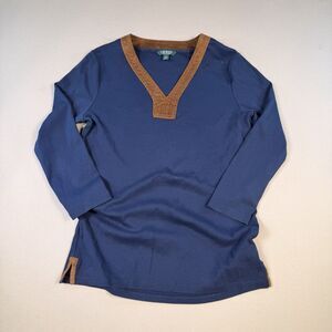 Lauren Ralph Lauren Womens Sz LG Blue Suede Leather Trim Shirt Tunic Long Lined